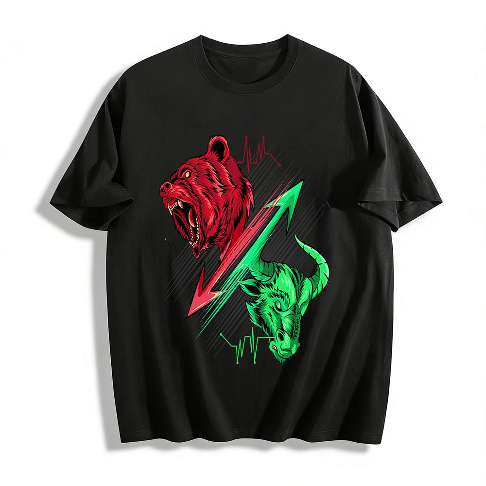 Bear vs Bull Stock Market Trend Graphic Tee Finance Themed Casual Top Pure cotton T-shirt XXS