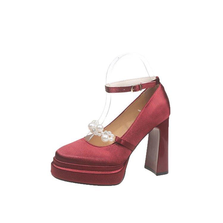 

New pearl high heels platform Mary Jane wedding shoes bridal shoes can wear white single shoes women s thick heels 34 червоний