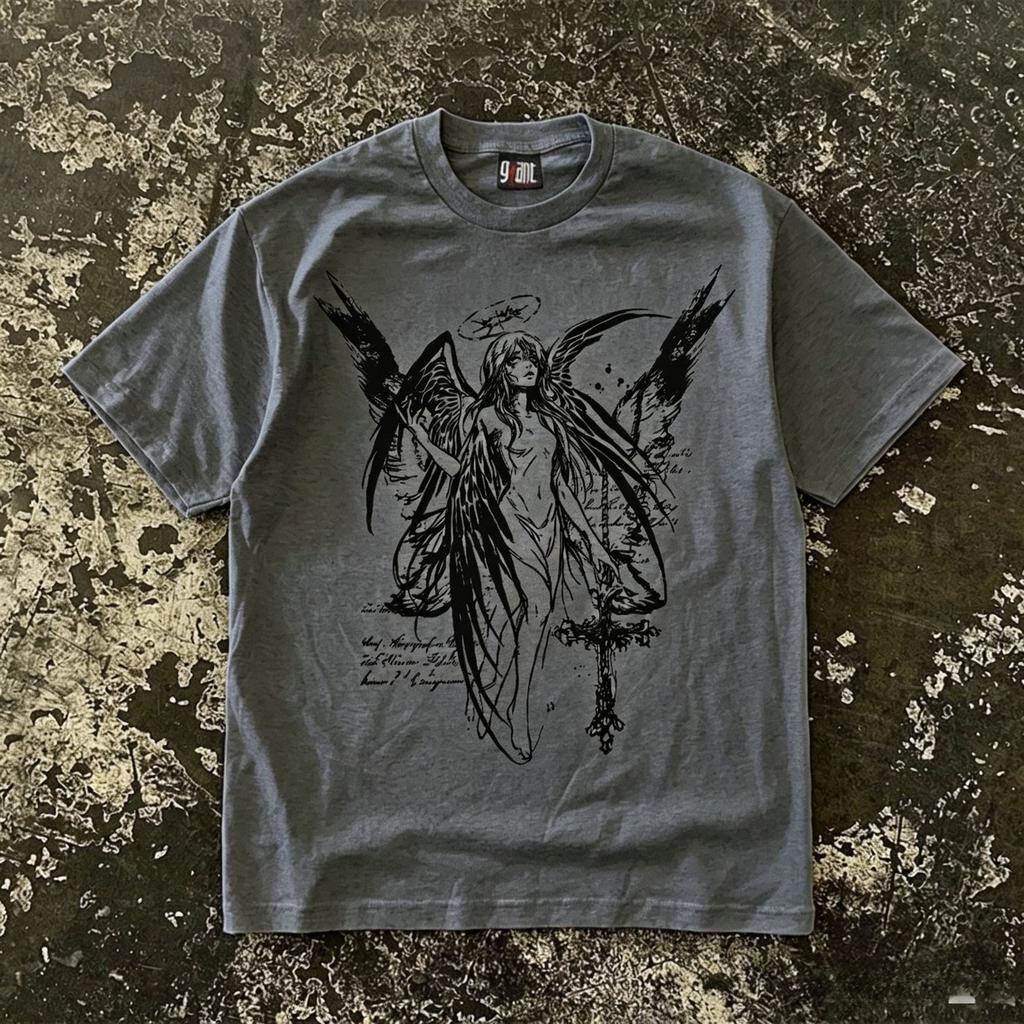 Dunkler gefallener Engel Skizze T-Shirt Gothic Kreuz Druck Y2k Grunge Ästhetik Oversized Streetwear Lässig Grau T-Shirt