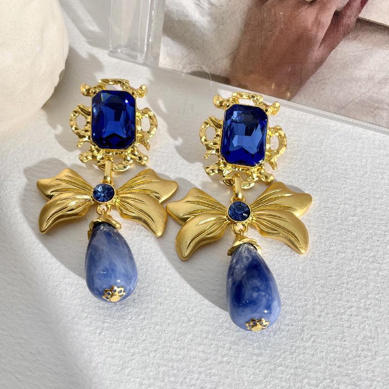 Vintage Blue Glass Bow Earrings - Retro Design Ornament