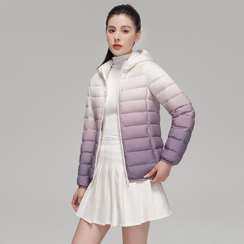 Autumn and winter new light down jacket women's short hooded casual fashion thin gradual change color white duck down jacket