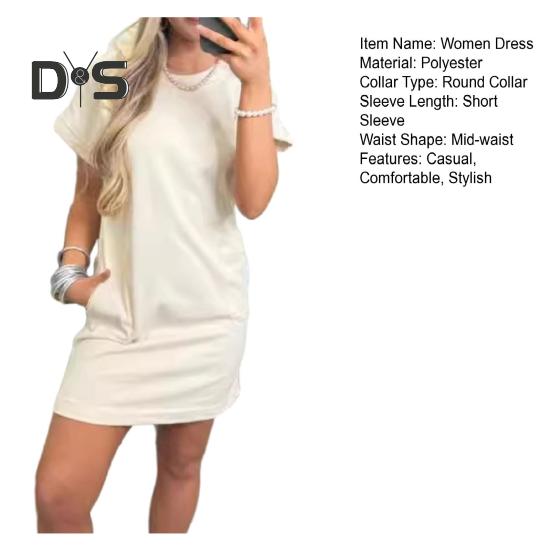 Dames T-shirtjurk met korte mouwen Casual ronde hals Korte jurk met zakken Zomer Mini A-lijn jurk
