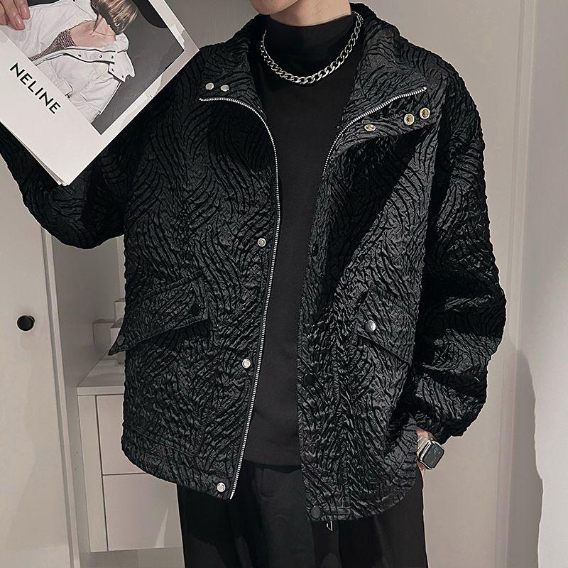 2023 Spring and Autumn Fashion Trendy Men's Senior Wrinkled Leather Stand Neck Casual Loose Versatile Raspy and Handsome Jacket