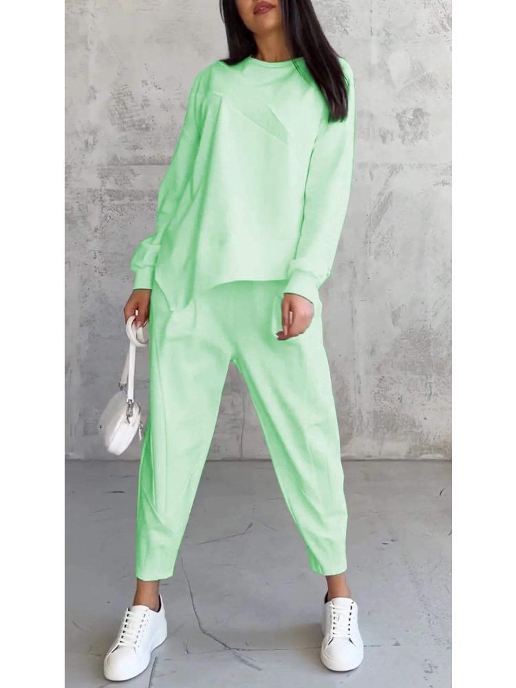 Women's Streetwear Comfortable Casual Workwear-Style Round-Neck Loose-Fit Asymmetrical Long-Sleeve Top and Trousers Set