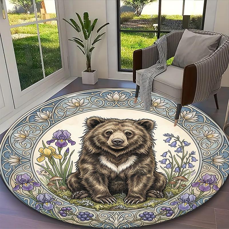 1pc Office Printed Round Carpet, Gentle Black Bear Rug, Home Sofa Chair Mat For Christmas and Halloween Décor