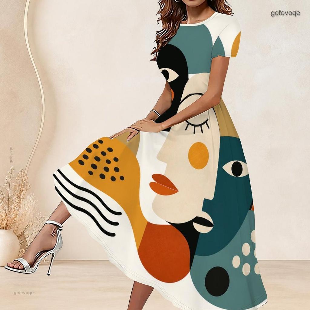 Women Plus Size Round Neck Short Sleeve Printed Gathered Waist A Line Long Dress
