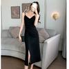 Black suspender dress women's split fork summer new high-end sense medium and long temperament thin inner with small black dress