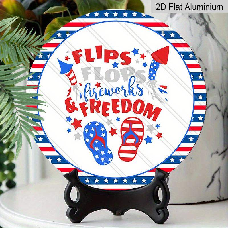 2D Flat, 1pc Patriotic 4th of July Metal Decorative Plaque, Red White Blue Flip Flops Fireworks USA Flag Design, Durable Indoor Outdoor Sign, Perfect
