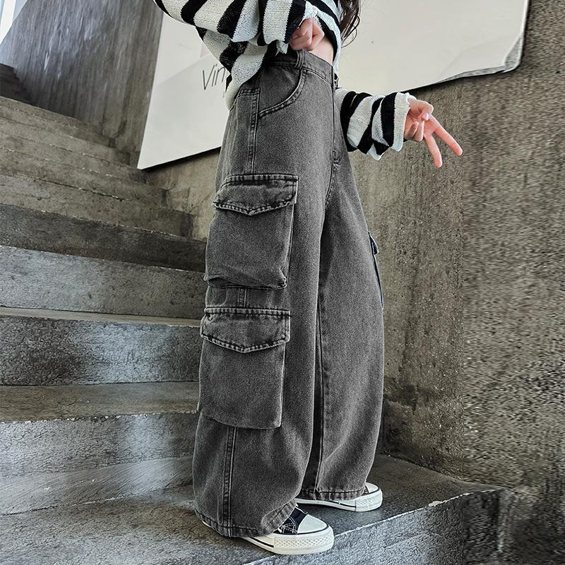 Pantalones vaqueros cargo de pernera ancha para adolescentes, moda de primavera-otoño, pantalones vaqueros casuales para niños, escuela, niños pequeños, pantalones rectos holgados, 15Y