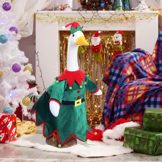 Santa Claus Goose Outfit Christmas Porch Goose Costume Festive Clothes And Hat for 23" High Cement or Plastic Goose Lawn Patio Garden Decor