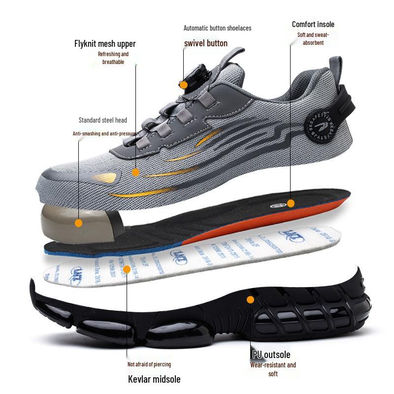 Men's Fly-Knit Safety Shoes: Anti-Smash, Anti-Puncture, Breathable, Lightweight, Comfortable, Wear-Resistant with Soft Sole and Button Closure.