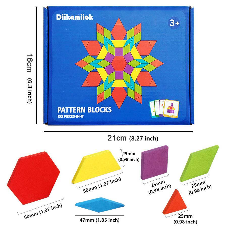 155Pcs Set Wooden Pattern Blocks Geometric Shape Jigsaw Puzzle Baby Educational Montessori Tangram Toys for Kids with 24Pcs Card