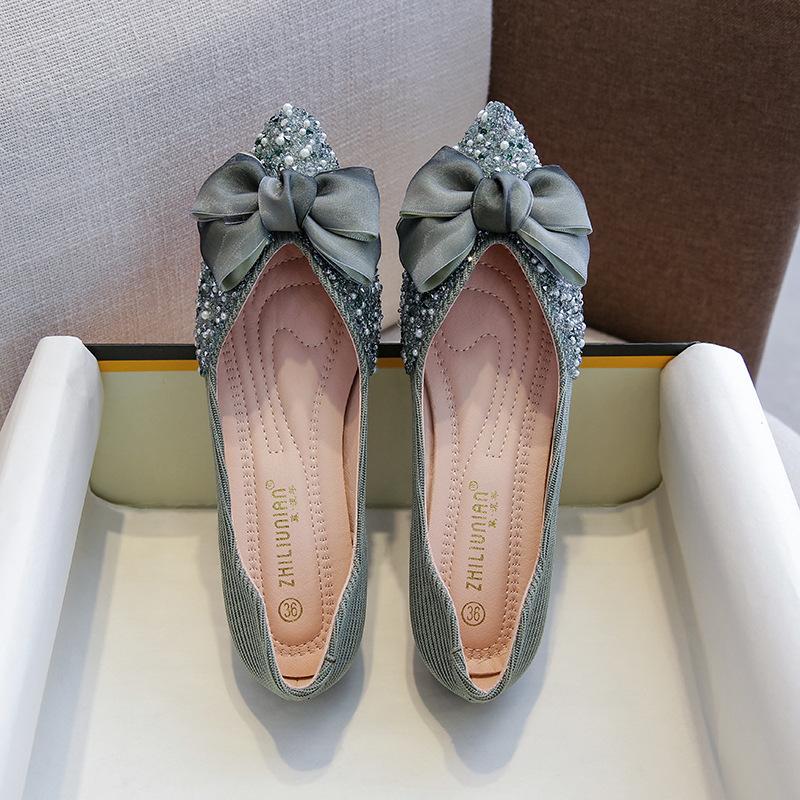 Pantofi simpli de damă de primăvară cu fundă și perle, pantofi simpli de damă plați cu strasuri, pantofi beanie cu vârf ascuțit, pantofi barcă, mărime mare