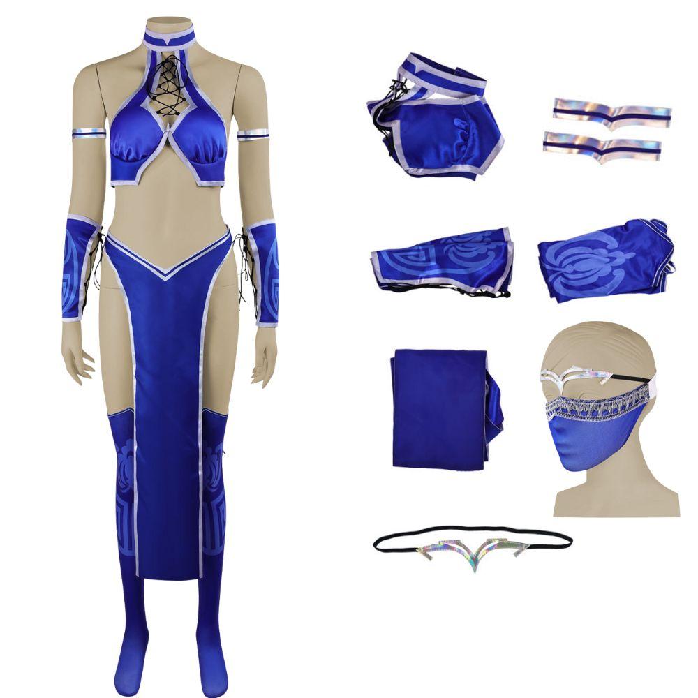Mortal Kombat Kitana Cosplay Fantasia Costume Sexy Jumpsuit Mask for Adult Women Roleplay Outfits Halloween Carnival Suit