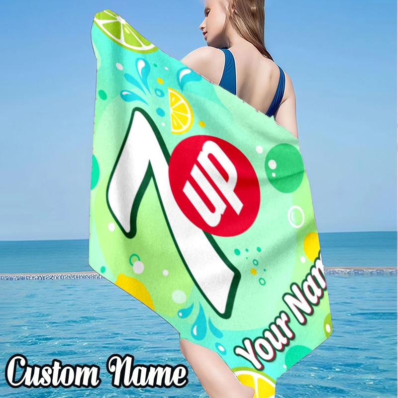 Custom Name 7-up sparkling water Beach Towel - Soft, Ultra-Absorbent Microfiber, Lightweight, Perfect for Beach, Parties, Travel, Camping