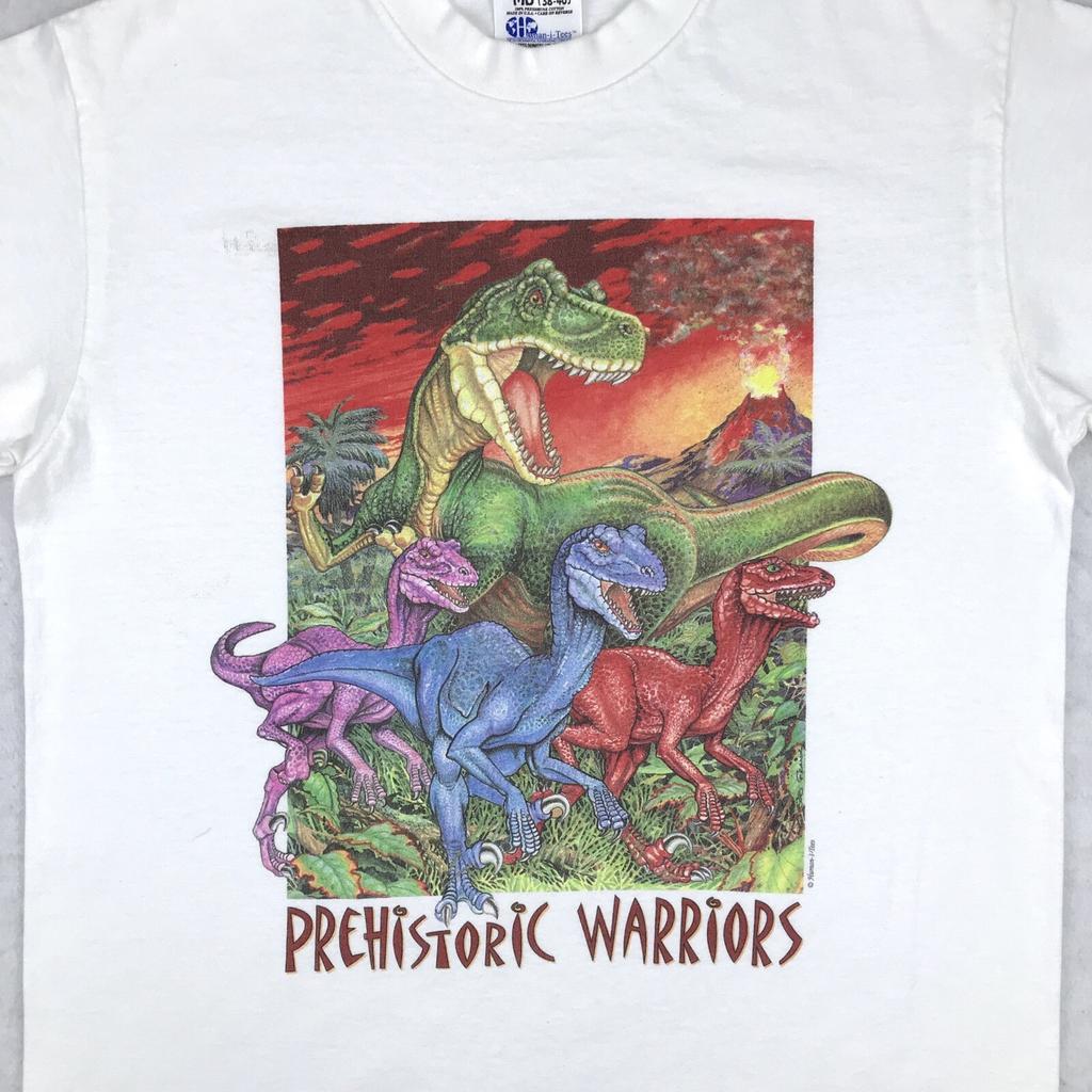 Vintage lata 90. KOSZULKA DINOSAURY WOJOWNICY PREHISTORYCZNI M pojedynczy szew t-rex raptor