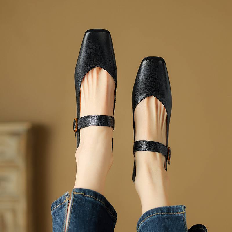 Krazing Pot Sheep Skin Square Toe Chunky High Heels Spring Summer Mary Janes Shoes Vintage Plus Size 42 Women Pumps