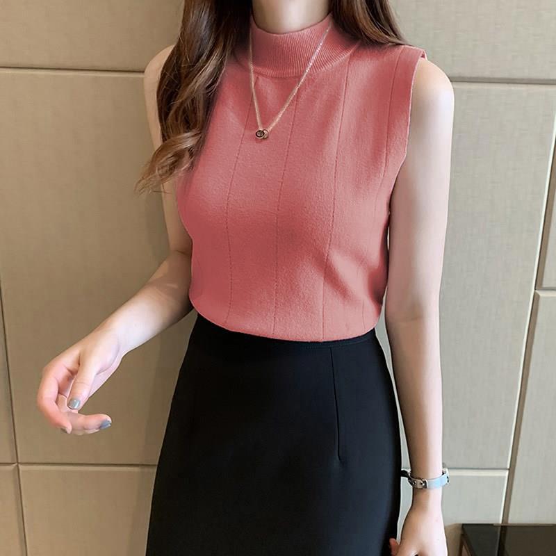 Modisches Strick-Tanktop mit halbem Rollkragen Sommer Damen Lässig Unifarben Ärmellose Weste