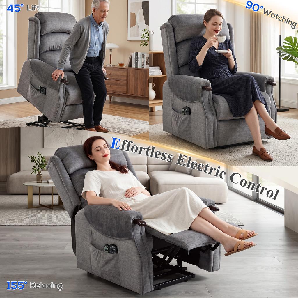 Power Lift Recliner with Vibration Massage and Heat, Lift Chair for Tall with Wood Grip, Pocket Spring, Light Grey
