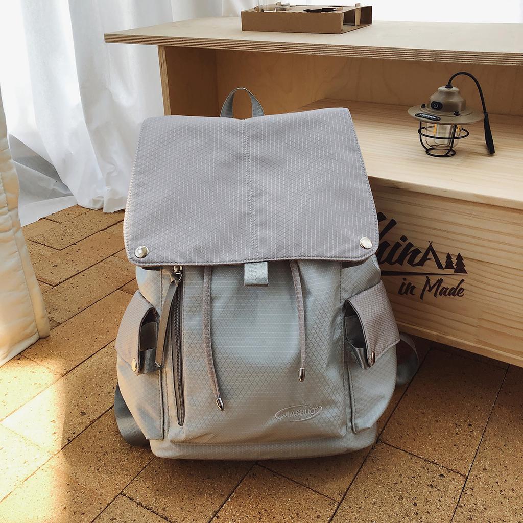 Schoolbag Japanese retro tooling style low saturation color matching flip drawstring backpack couple casual commuting versatile backpack