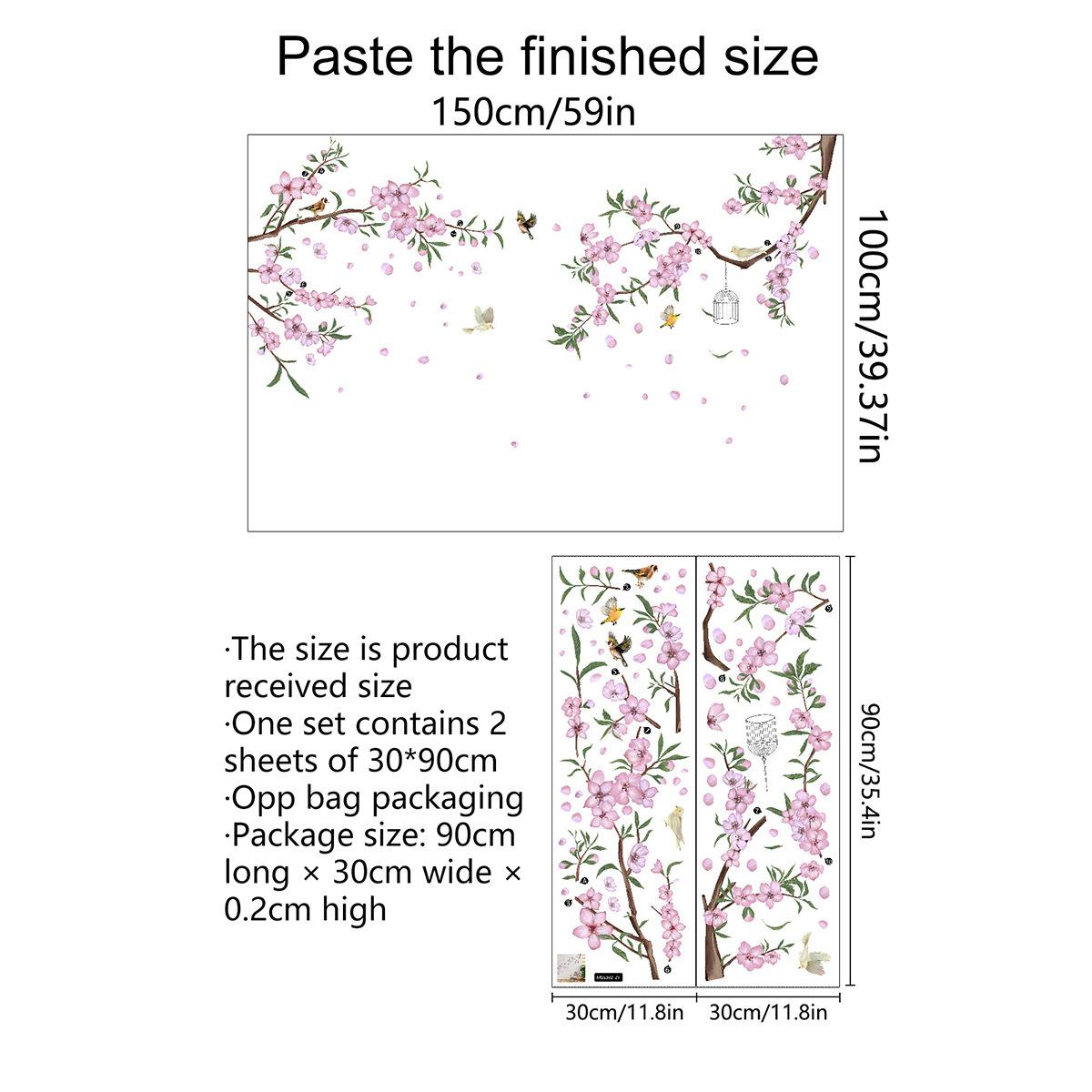 

2Pcs Pink Peach Blossom Birds Wall Stickers PVC Self-adhesive Bedroom Living Room Decor Art Decal Wallpaper DIY Home Decoration 30x90cm 2pcs
