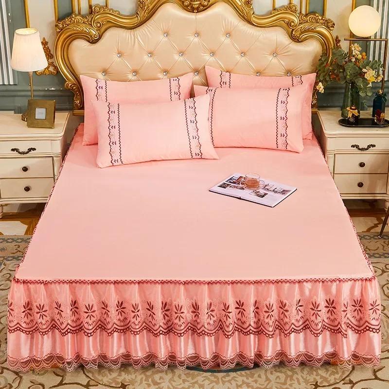Colcha na cama Lençol de cama de casamento Capa de cama Cobertor Tecido Estilo Princesa Renda King Queen Size BedSkirt
