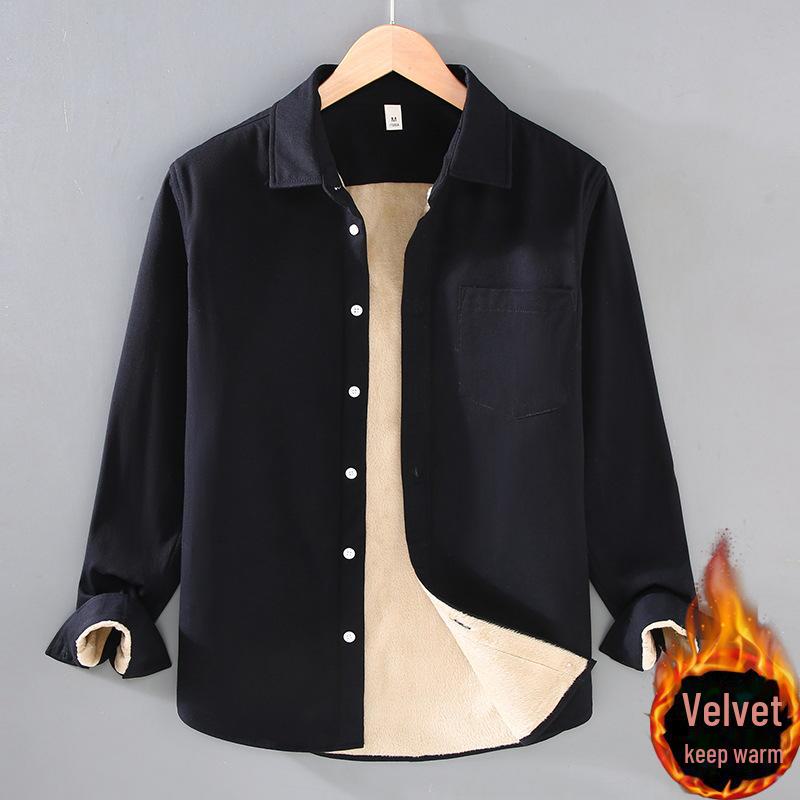 Men's Winter Cotton Velvet-Lined Warm Square Collar Shirt Jacket