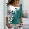 2025 Summer Flower Print Long Sleeve T-shirt Fashion Spring Skew Collar Casual Tees Elegant Office Ladies Women's Clothing 30577