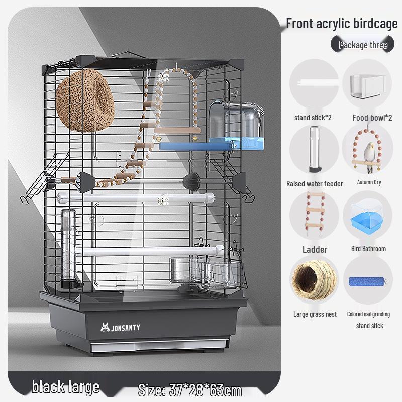 Großer Acryl-Vogelkäfig für Papageien, Nymphensittiche & Wellensittiche - Transparente Vorderseite mit Metallrahmen