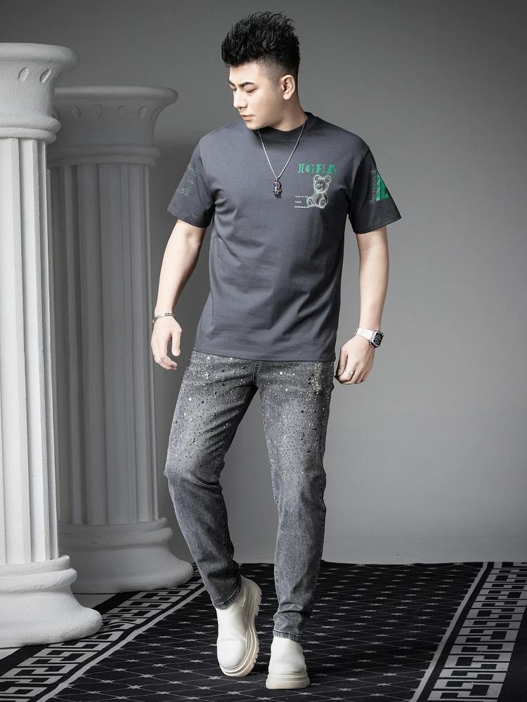 European Goods 2025 Summer New Fashion Brand Rhinestone Bear Print Short-Sleeve T-Shirt Men's Round Neck Half-Sleeve Tee Top