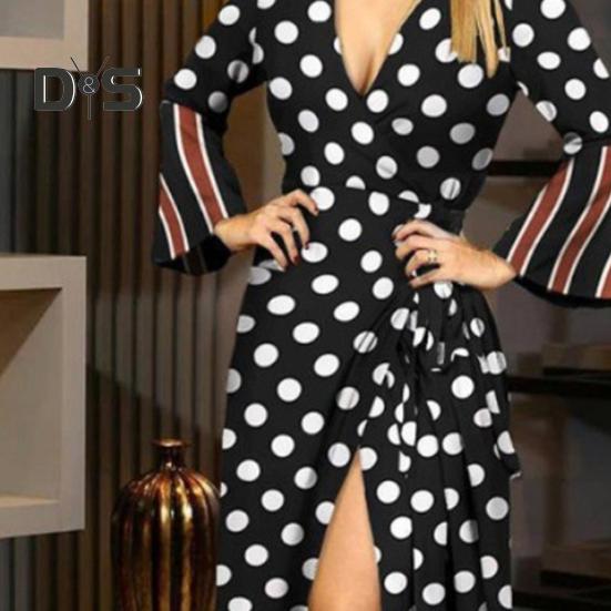 Abito Maxi Estivo da Donna Avvolgente Manica Lunga Scollo Profondo a V Stampato a Pois Abito Allacciato con Spacco Fluido da Spiaggia Lungo