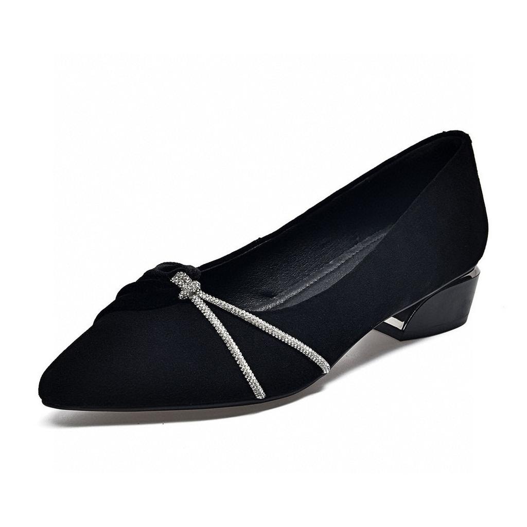 Pointed Single Shoes Women's Shoes Autumn and Winter Simple Temperament Two High Shallow Mouth Fashion Shoes Black Rhinestone Banquet Shoes