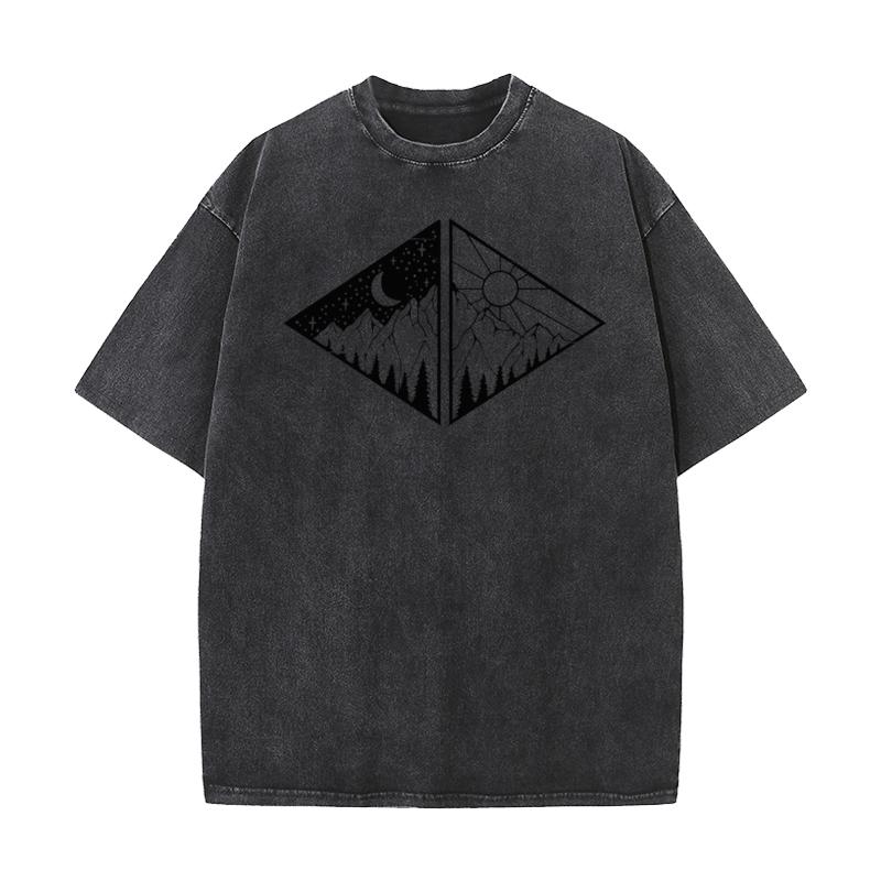 Rectangular Black Mountain Pure Cotton Men Tops  Tees Vintage Mother Day Retro Washed T Shirts Loose Round Neck Washed T Shirts