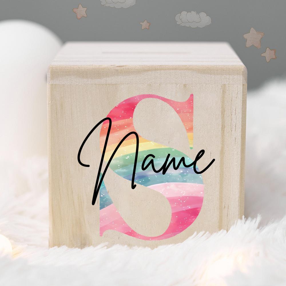 Personalized Money Box Kids Money Boxes Rainbow Letter with Name Coin Collection Box Wooded Coin Bank Child Birthday Shower Gift