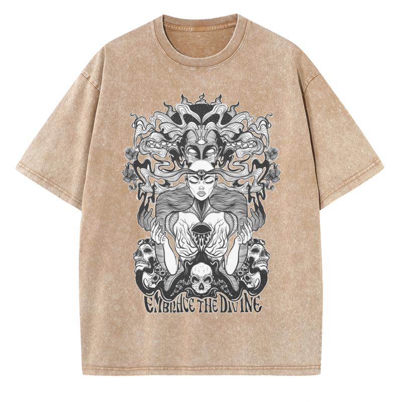 Embrace The Divine Printed Women T-Shirt Retro Washed Short Sleeved Tees High Street Distressed Style Tops