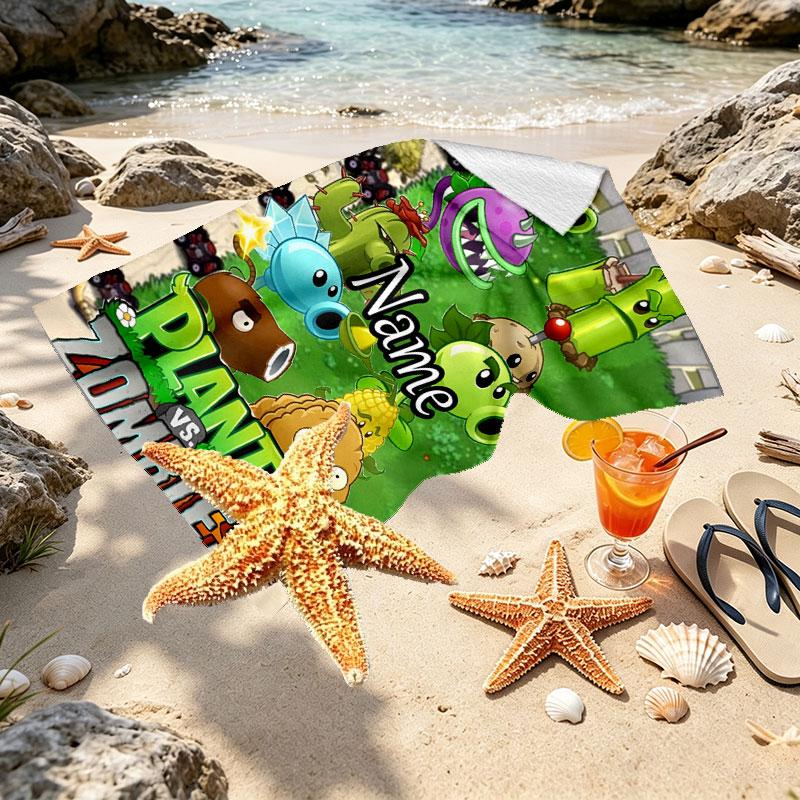 Custom Name Personalized Plants vs. Zombies Print Beach Towel, for Trip Camping Beach Party Home Decor, Birthday Gift for Family & Friends