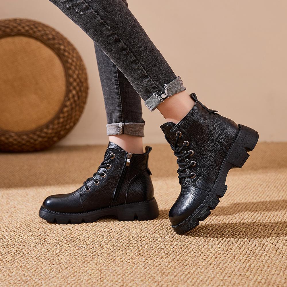 Women's large size soft elastic winter cowhide leather waterproof warm cold padded snow boots non-slip wear outdoor leisure sports Martin cotton boots