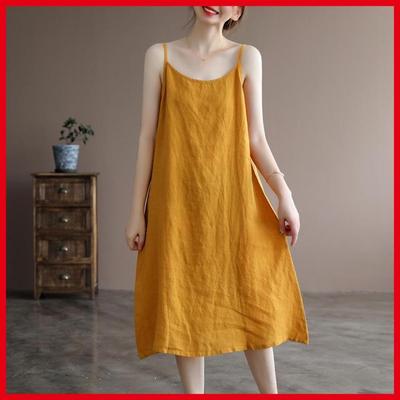 Summer Sleeveless Loose Fit Dress Womens Cotton Linen Solid Color