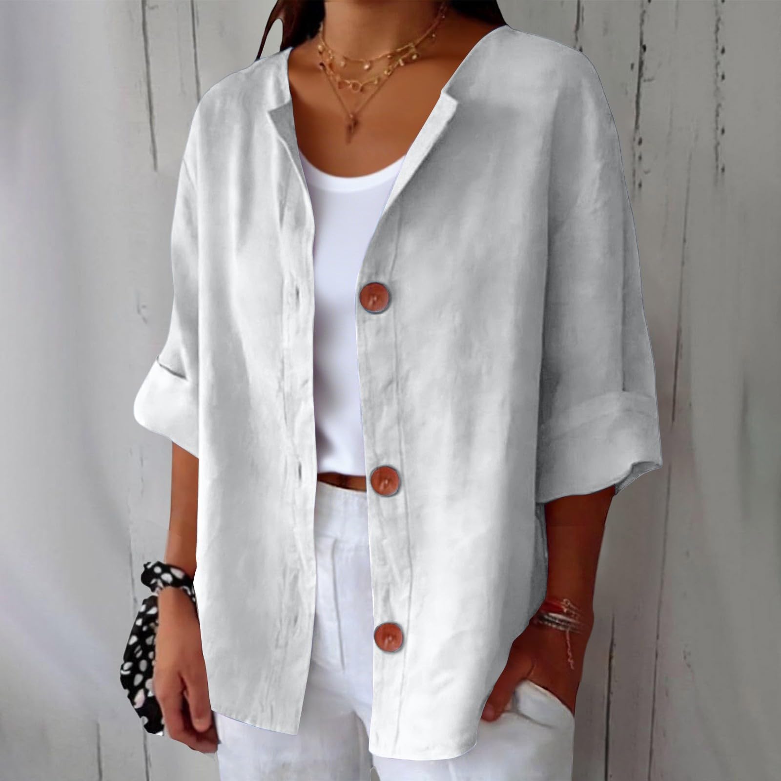 

Women s Fashion Casual V Neck Buttoned 3/4 Sleeve Cotton Linen Top S білий