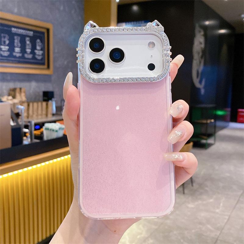 Sweet Girl Minimalist Rhinestone Cat Ear Case for iPhone 17 Pro Max 16