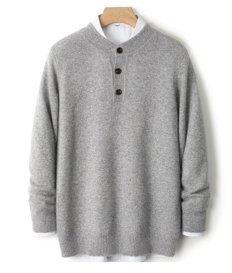 Men's High-End Business Casual 100% Pure Wool Thickened Round Neck Sweater with Buttons - Autumn/Winter Knitwear