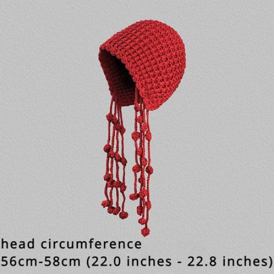 Lady Casual Crochet Knit Beanie Cap Hollow Out Woven Hat Ear Flap Fringe Holiday