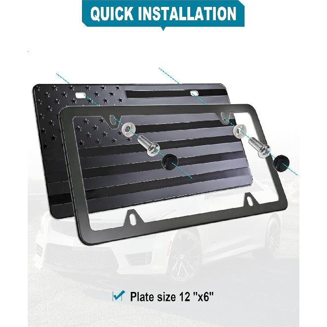 American Flag License Plate For Front Bumper, Black Aluminum Car Tag Frame Cover With 3D Embossed USA Flag Pattern, With Screws, Metal Decals