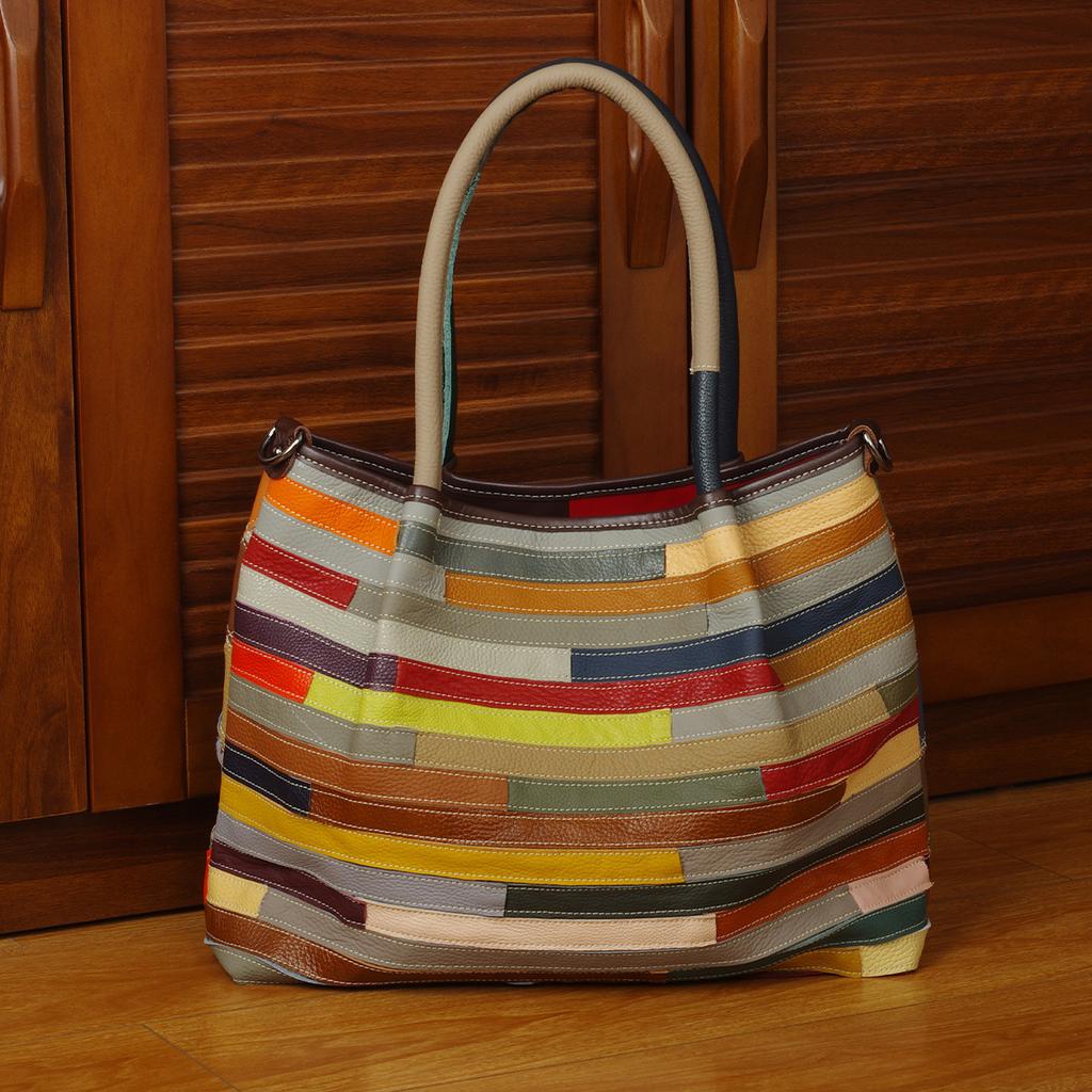 Leather Women'S Bag Hand-Spliced Flowers Colorful Random Contrasting Color Shoulder Messenger Bag