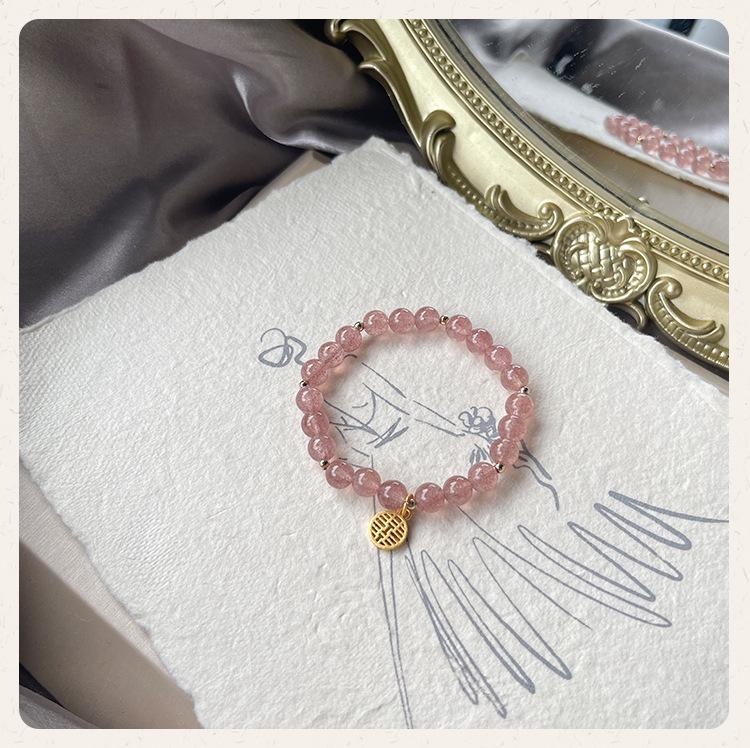 

Браслет из клубничного кварца Qiaoen - Натуральный розовый кристалл, Дизайн Двойное счастье , Универсальный и стильный для женщин Wrist 16-17cm