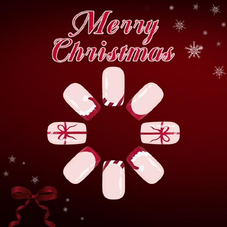 Christmas Glitters Press On Nail 24pcs Red French Manicure Short Square Fake Nail Shine Surfaces For Gift Giving Season