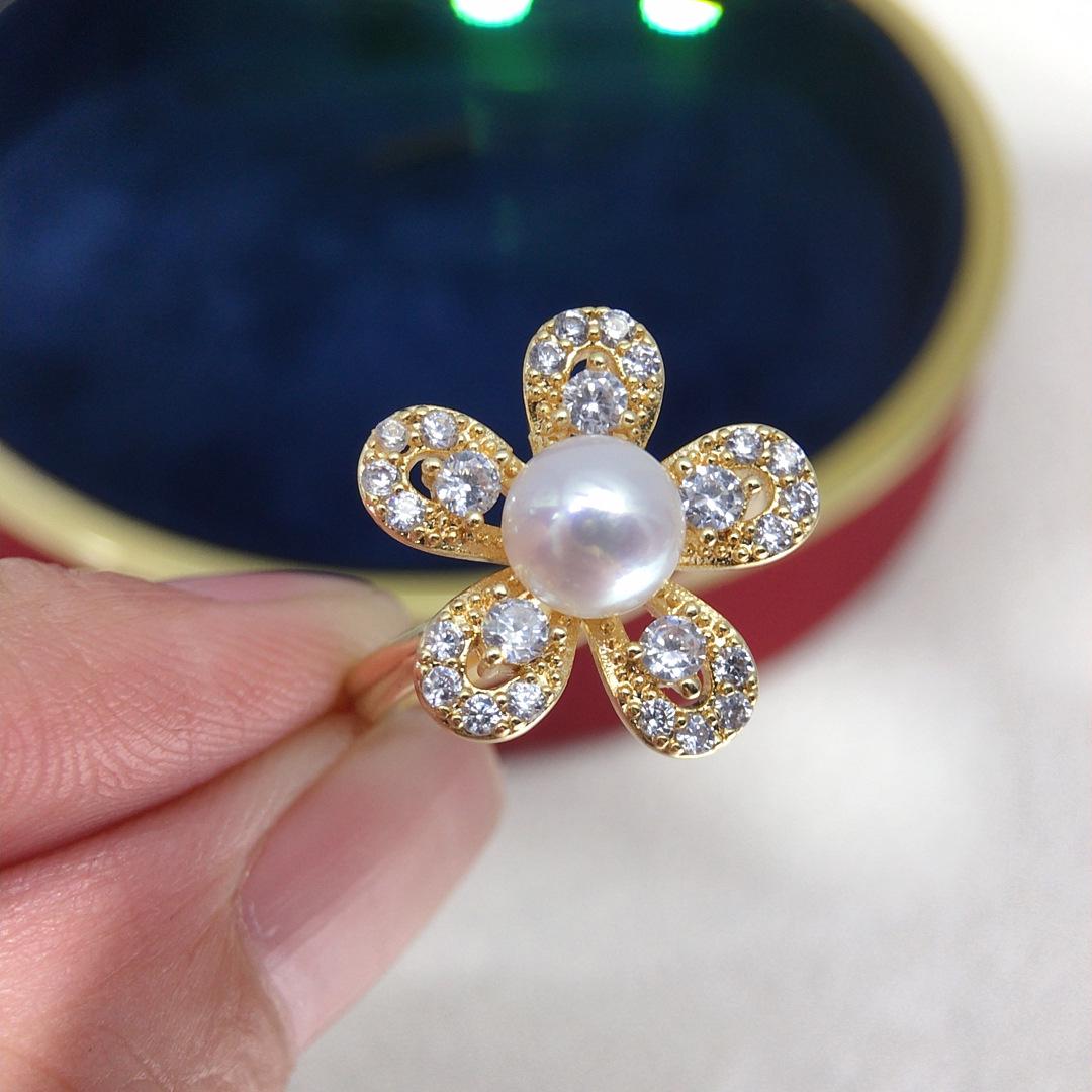

Natural Freshwater Pearl Flower Ring with Zircon, Adjustable Jewelry for Women білий