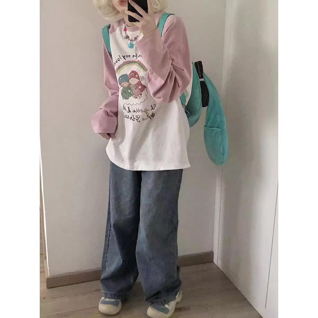 Tricou cu mâneci lungi haine femei drăguț desene animate cu imprimeu curcubeu tricou cu mânecă lungă Y2k lejer casual contrast fete tricou maiuri