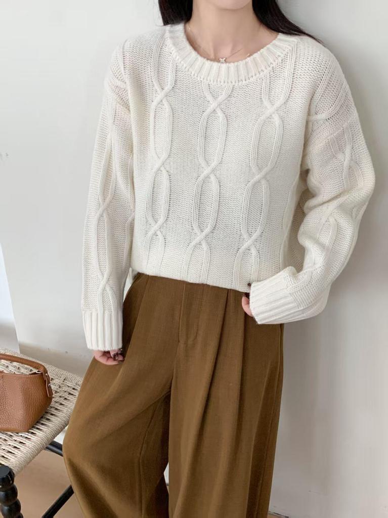Women's 100% Pure Wool Jacquard Sweater - Autumn/Winter Round Neck Loose Fit