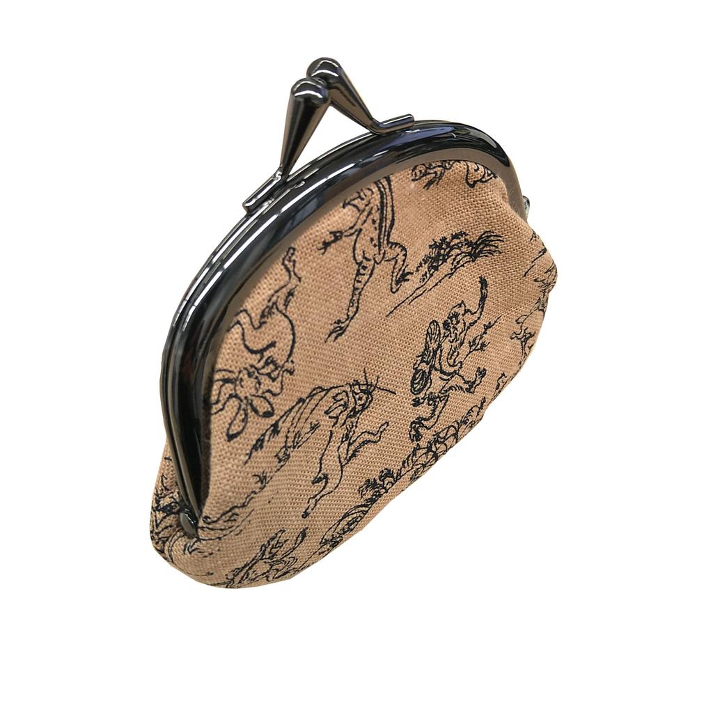 Maruzen Coin Purse Wallet with Choju Jinbutsu Giga x 12 Made in Japan with Traditional Japanese Patterns (Maruzen) Design, Brown, Cotton, 3.3-inch